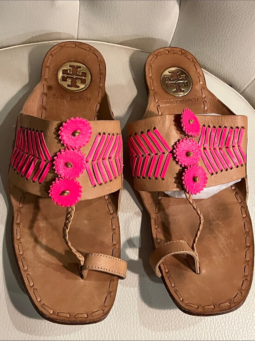 Tory Burch Tan Leather Sandals with Hot Pink Trim RARE FIND BOHO STYLE - Picture 7 of 10